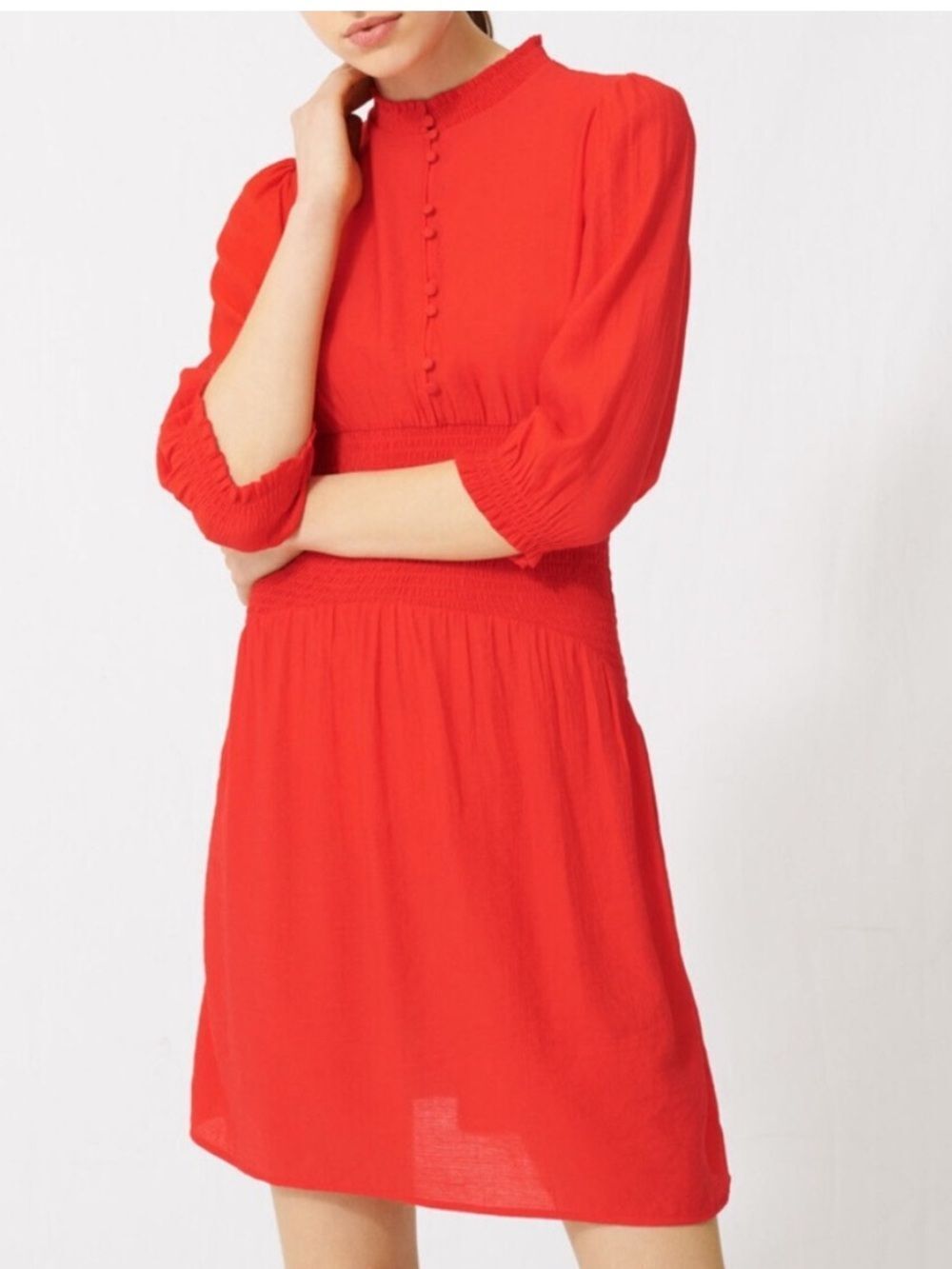 Maje Ritha smocked-waist red mini dress, distinctive cinched waist 36(small)